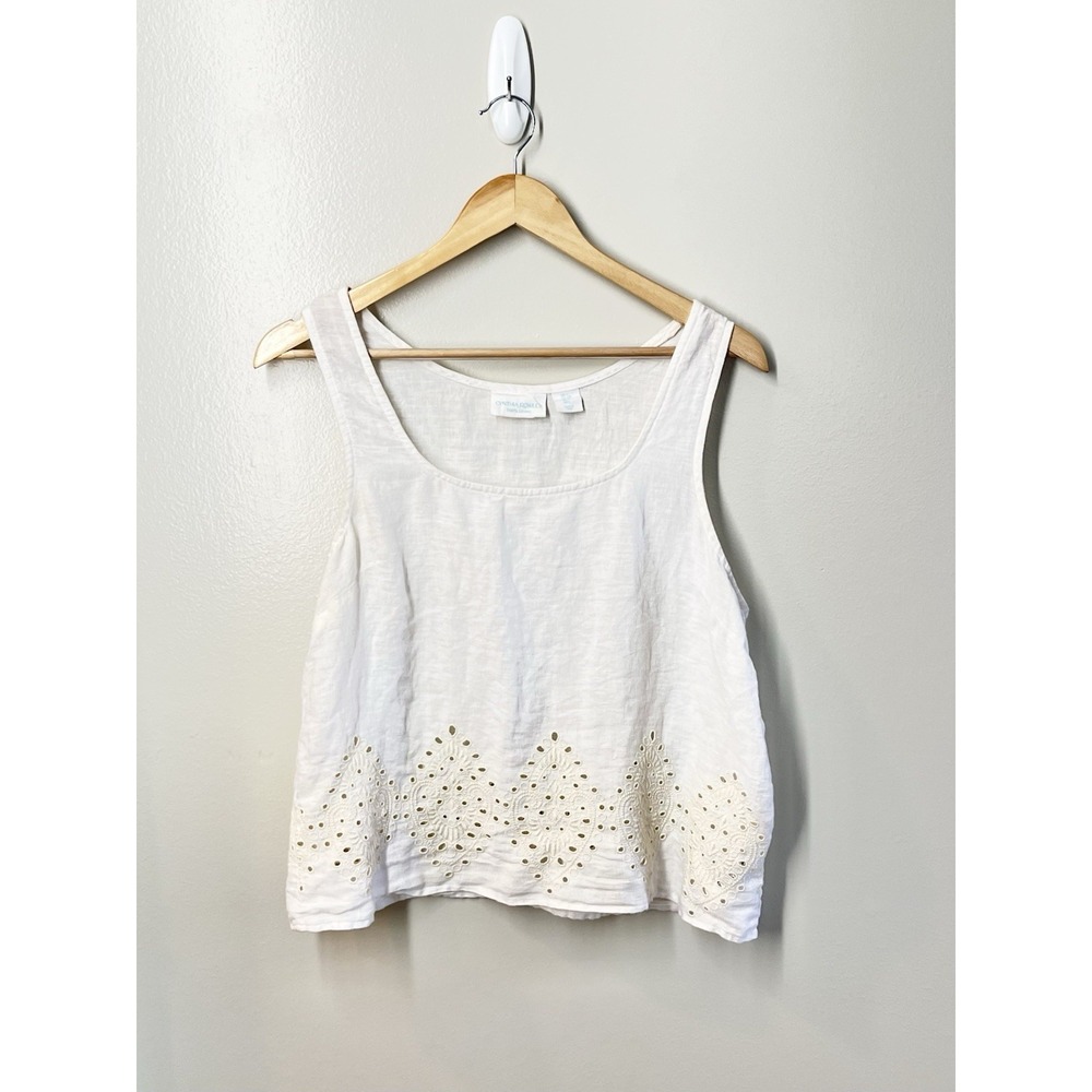 Cynthia Rowley Eyelet 100% Linen Tank Top Cropped Coastal Resort Vacation Sz Lg